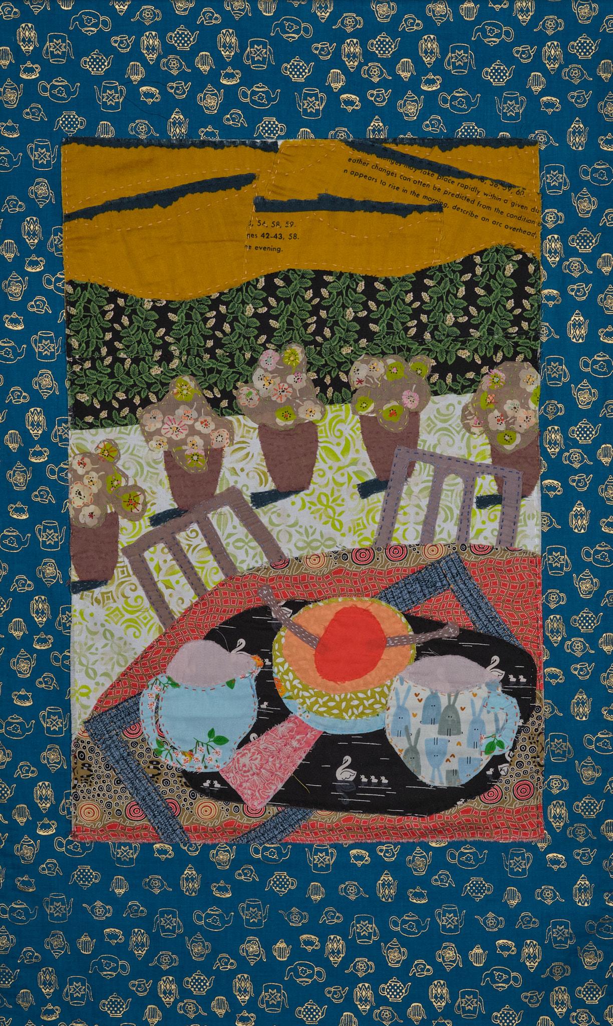 Mara Wagner: "Backyard Brunch" - Hand-stitched tapestry - 17x35 - $790